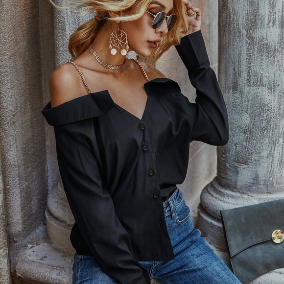 Tops - boho button down off shoulder black top